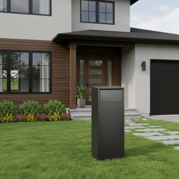 Boîte à colis sur pieds Dortmund noir mat – grande ouverture – acier