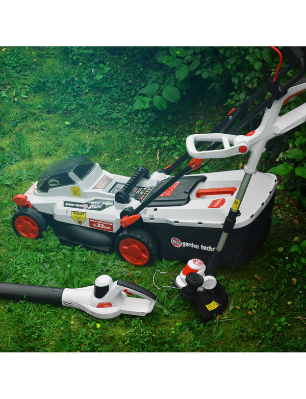 3-in-1 lawn mower / grass trimmer / blower kit – supplied with 2 batteries + fast charger – ELEM GARDEN TECHNIC