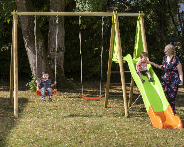 Aire de jeux Arroba en bois & métal – Portique 2 balançoires, plateforme, toboggan 2,63 m