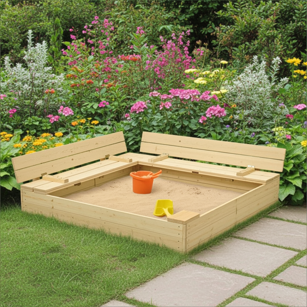 Bac à sable 120x120cm en bois avec couvercle rabattable - Couleur bois naturel