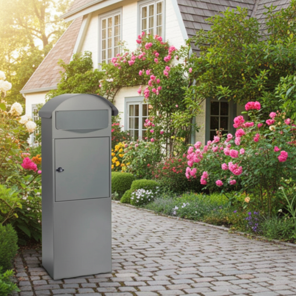 Boîte aux lettres BERLIN sur pied grise –  acier –  ouverture A4 – fixation au sol – serrure avec clés