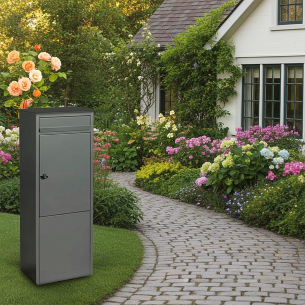 Boîte aux lettres colonne FRANKURT –  acier gris mat  –  grande ouverture A4  –  fixation au sol  –  serrure à clé