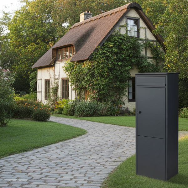Boîte aux lettres colonne FRANKURT – acier noir –  grande ouverture A4  –  fixation au sol  –  serrure à clé