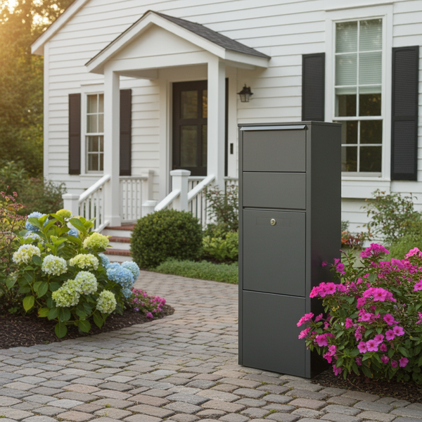Boîte aux lettres pour paquets – colonne gris mat – acier laminé – grande ouverture – fixation au sol – serrure à clé