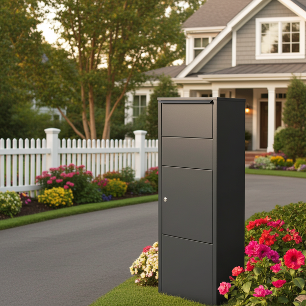 Boîte aux lettres pour paquets – colonne noire  – acier laminé – grande ouverture – fixation au sol – serrure à clé