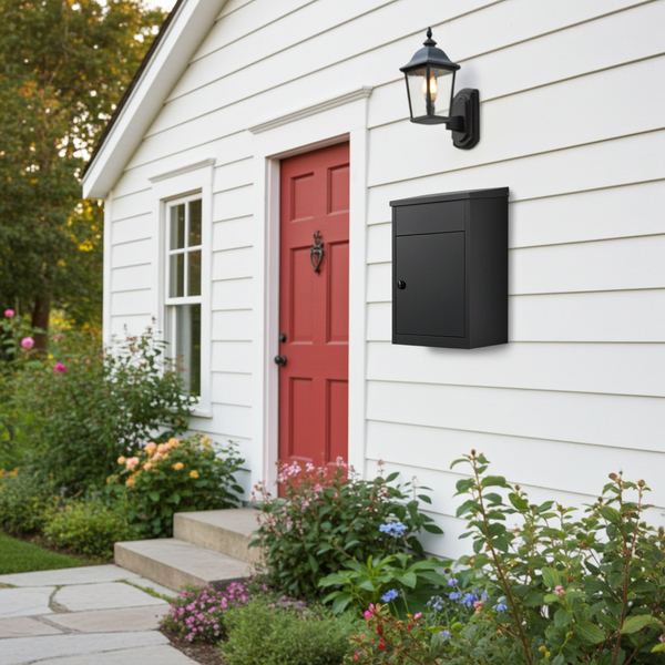 Boîte aux lettres pour paquets noire – acier laminé – grande ouverture – serrure à clé – fixation murale