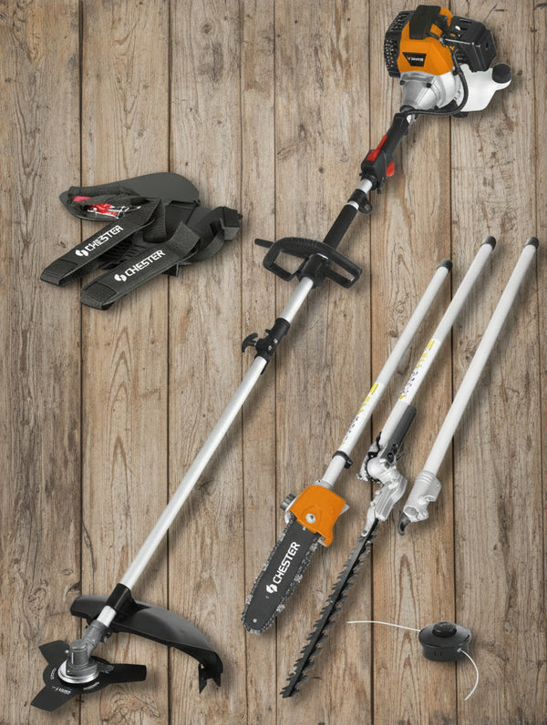 4-in-1 Petrol Multi-Tool: Chainsaw/Pruner, Hedge Trimmer, Brush Cutter, Extension – CHESTER