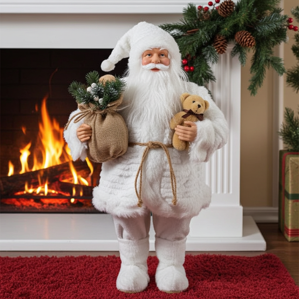 White Fur Santa Claus Decoration 91 cm – Large Christmas Figurine in Polyester