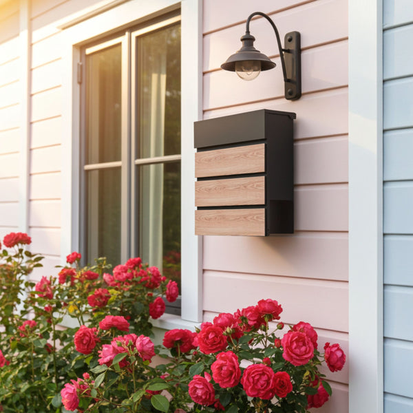 Boîte aux lettres murale CANNES – métal noir mat et bois – design moderne – porte-journaux – serrure avec clés