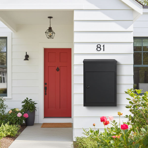 Boîte aux lettres pour paquets – acier laminé – noire – grande ouverture – serrure à code – fixation murale