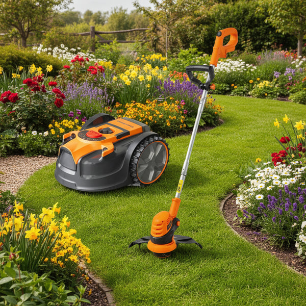 Cordless Robotic Lawn Mower Kit without Perimeter Wire + 24V Grass Trimmer – 2 Batteries 