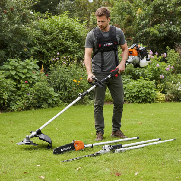 4-in-1 Petrol Multi-Tool: Chainsaw/Pruner, Hedge Trimmer, Brush Cutter, Extension – CHESTER