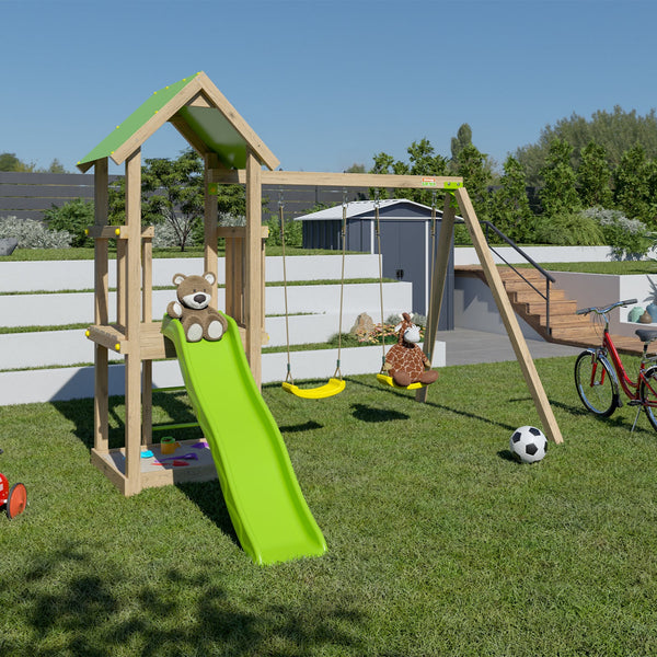 Aire de jeux en bois avec balançoires, toboggan et bac à sable – 6 enfants