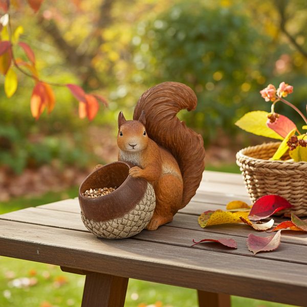 Autumn Squirrel Decoration with Feeder – Brown Polyresin 27.7 × 13.5 × 25.5 cm