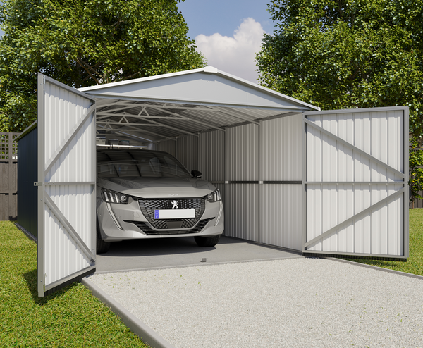 Garage en métal 22,63 m² – Double porte 257 cm – Toit translucide – Acier galvanisé – 15 ans garantie