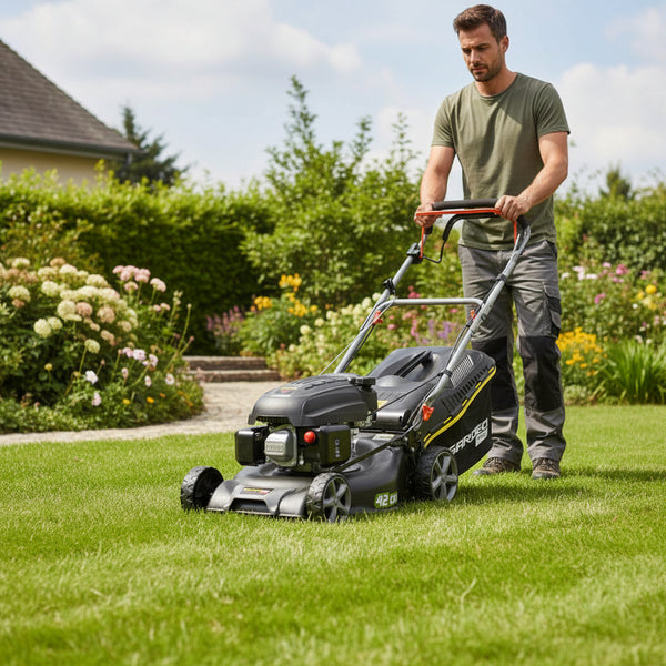 Self-propelled petrol lawn mower 144.3cc – 42 cm – supplied with 2 blades + mulching