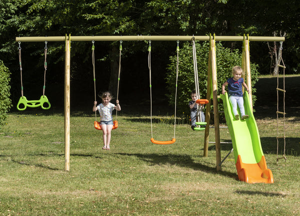 Aire de jeux Makuta – Portique 5 activités avec toboggan et plateforme – Bois & métal 2,30 m