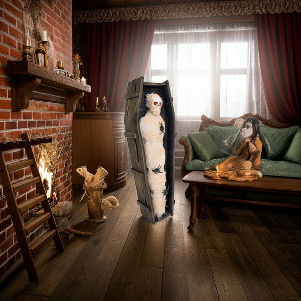 Mummy in a Light-Up Coffin – Spooky Halloween Decoration 45 × 14 × 8 cm