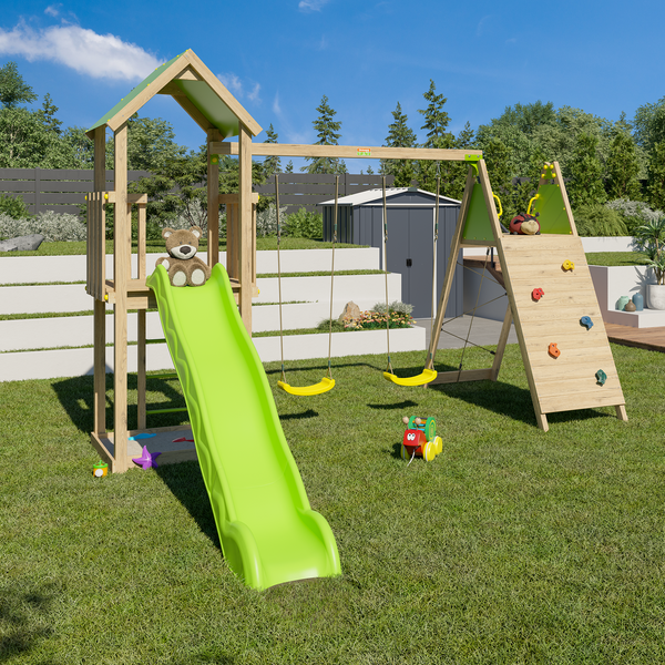 Grande aire de jeux en bois avec toboggan, balançoires et mur d’escalade – 9 enfants