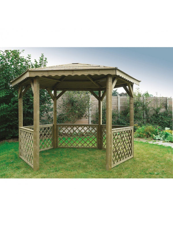 Pavillon de jardin en bois traité – 3,52 x 3,05 m – toit pyramidale shingle noir