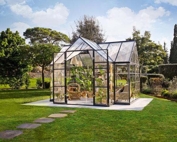 Serre / chalet de jardin Victory Orangery 3,65 x 3,05 m gris - fenêtres et gouttières
