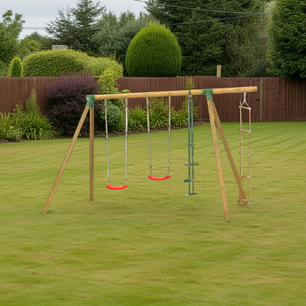 Houten speeltoestel Diana met 4 speelaccessoires – 2 schommels, een duoschommel en een touwladder – 3,9 x 2,2 x 2,2 m – voor kinderen van 3 tot 8 jaar