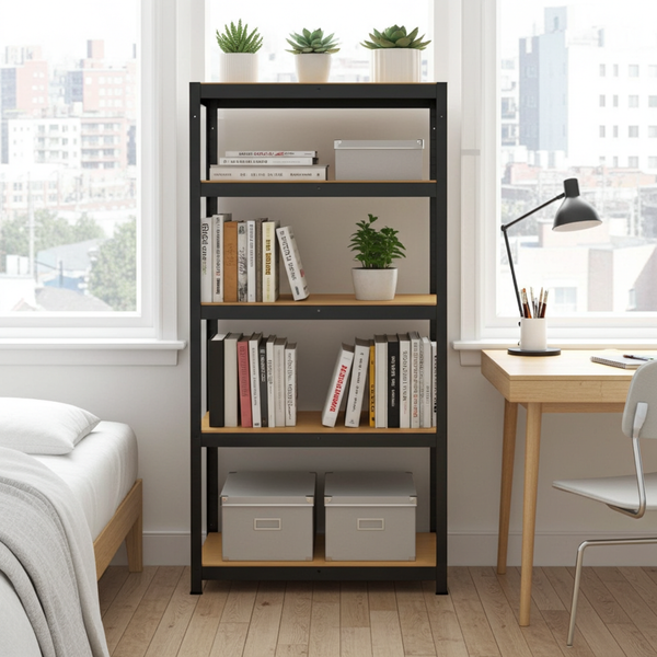 Rack en métal MDF/Noir – 150 x 75 x 30 cm - 4 étagères - Montage facile sans boulons