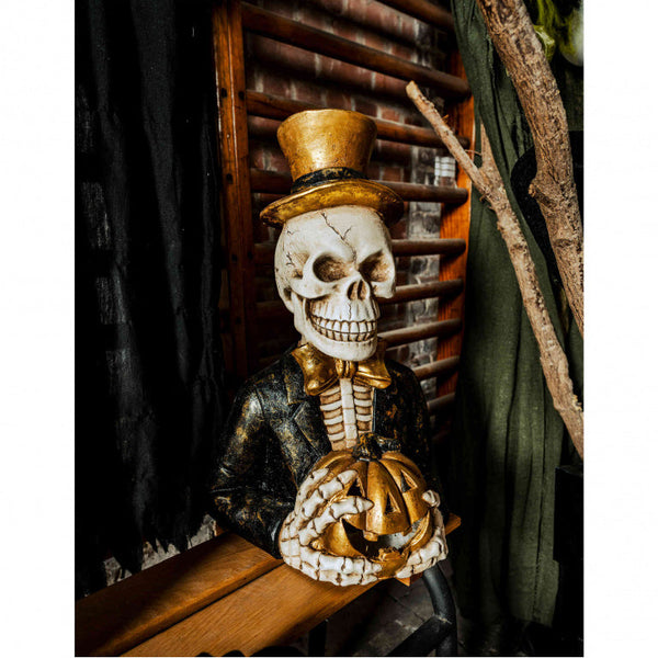 Skull with Golden Pumpkin – Large Halloween Decoration Black/Gold/White 60 cm
