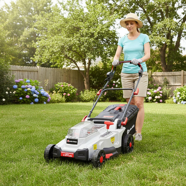 40V cordless lawn mower with 2x 4Ah batteries, 37 cm cutting width, mulching, induction motor, 35L grass collector
