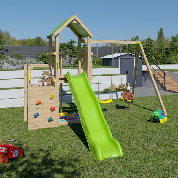 Aire de jeux en bois avec 2 balançoires, bac à sable, mur de grimpe, double plateforme et toboggan