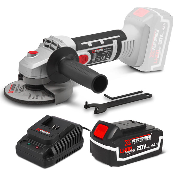 Meuleuse d’angle sans fil 20V – disque 115 mm – avec disque – avec batterie 4Ah & chargeur rapide 2H – X-Performer