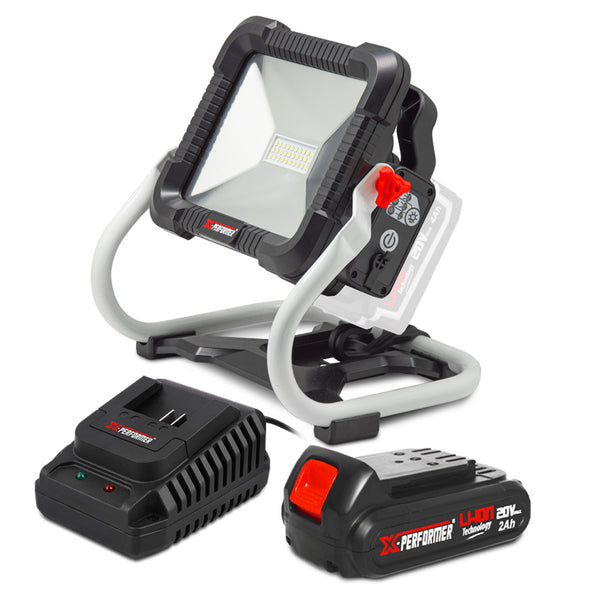 Projecteur LED de chantier 20V – avec batterie 2Ah & chargeur – X-Performer