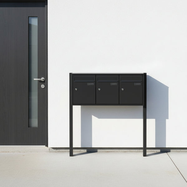 Boîte aux lettres multiples sur pieds noir mat – 3 compartiments – acier inoxydable