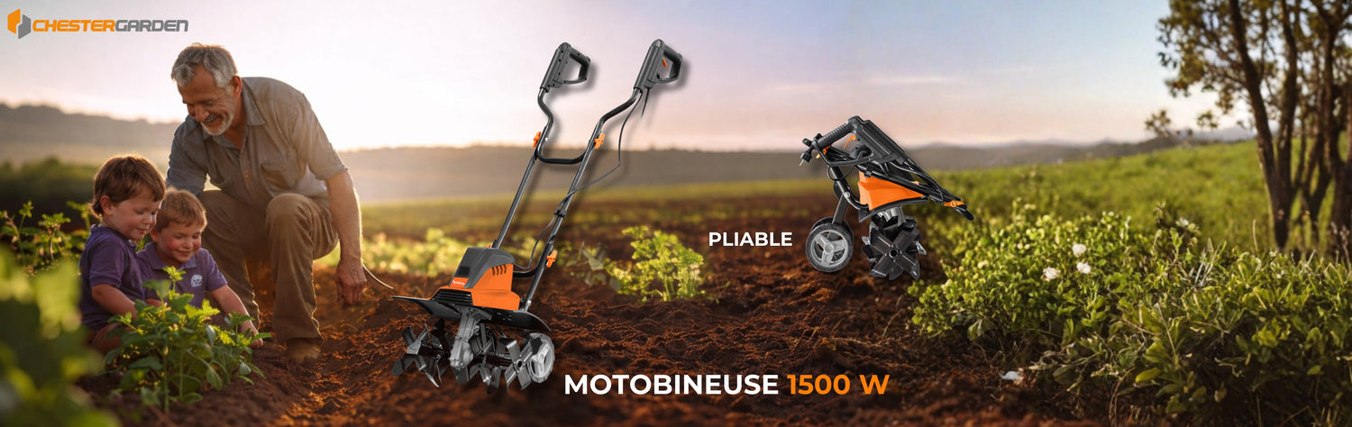 Motobineuse électrique CHESTER 1500W avec 6 fraises, largeur 45 cm et profondeur 22 cm pour préparer efficacement potager et jardin