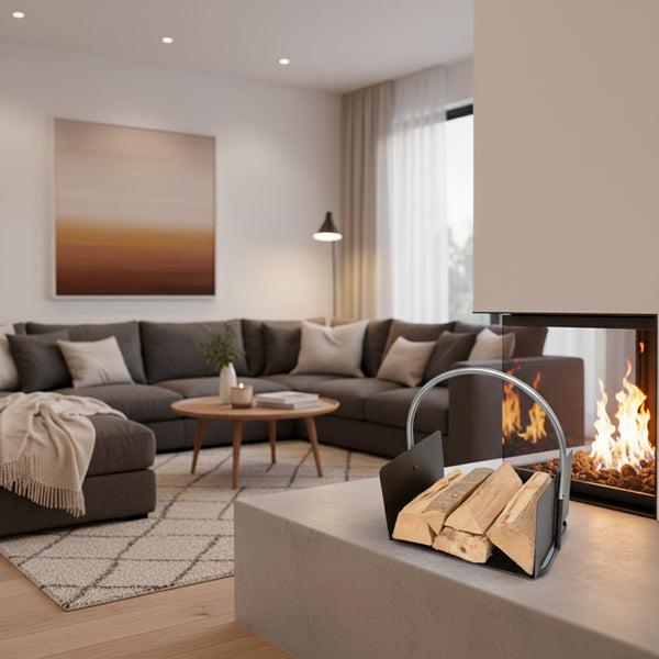 Wood log basket in black and chrome steel 64×37×43 cm – With handle, sturdy and large capacity