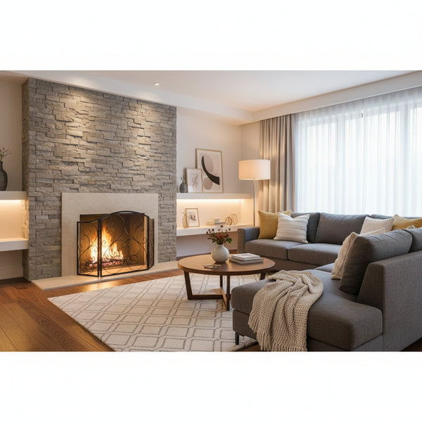 Fireplace Screen 122×75.5 cm – Robust Black Steel, XXL Spark Protection