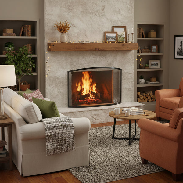 Fireplace screen 63.5×68.9 cm – Grey and black steel, stylish spark protection