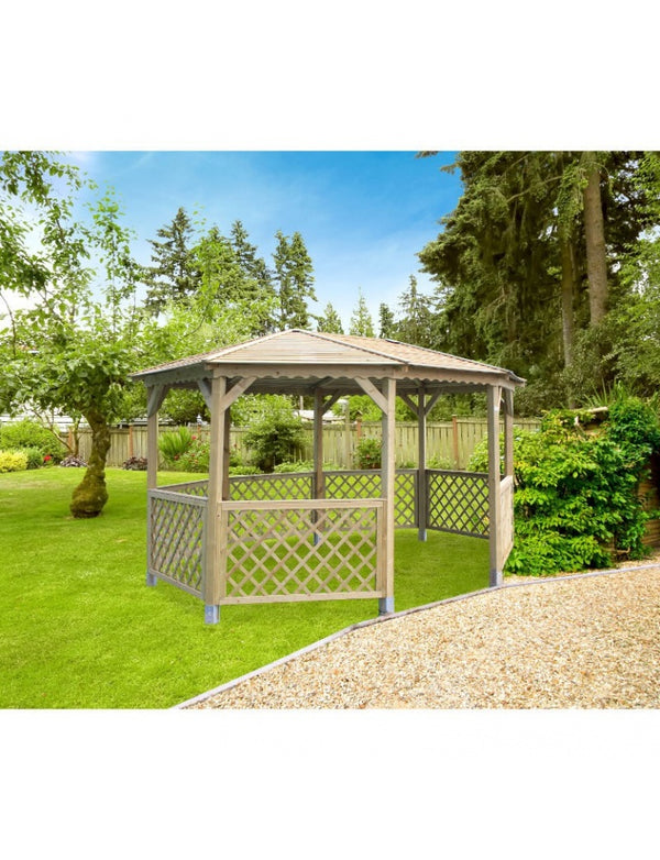 Pavillon de jardin en bois traité – 4,45 x 3,40 m – toit pyramidal en bois