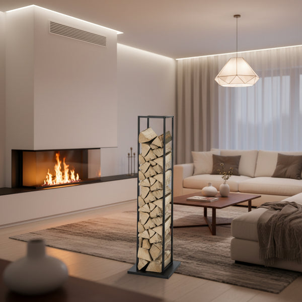 Black steel log holder 120×23×23 cm – Modern wood storage rack with feet, large capacity