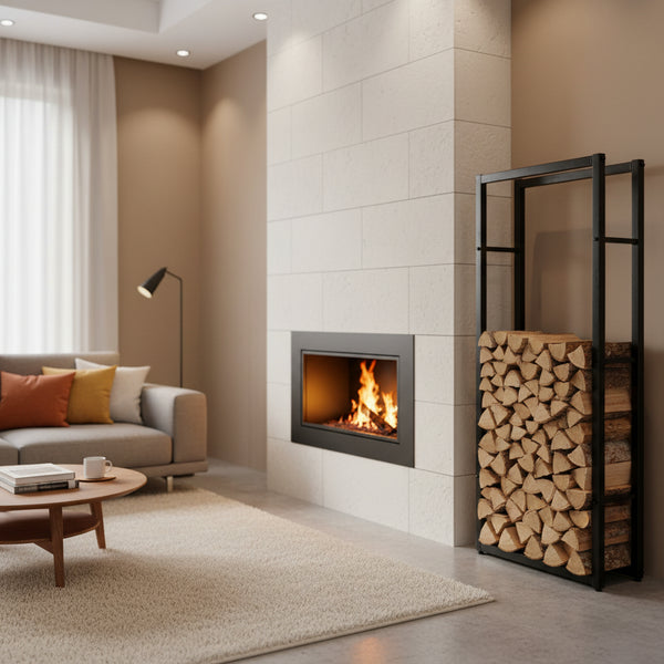 Black steel log holder 150×25×80 cm – Large, robust wood storage rack with high capacity